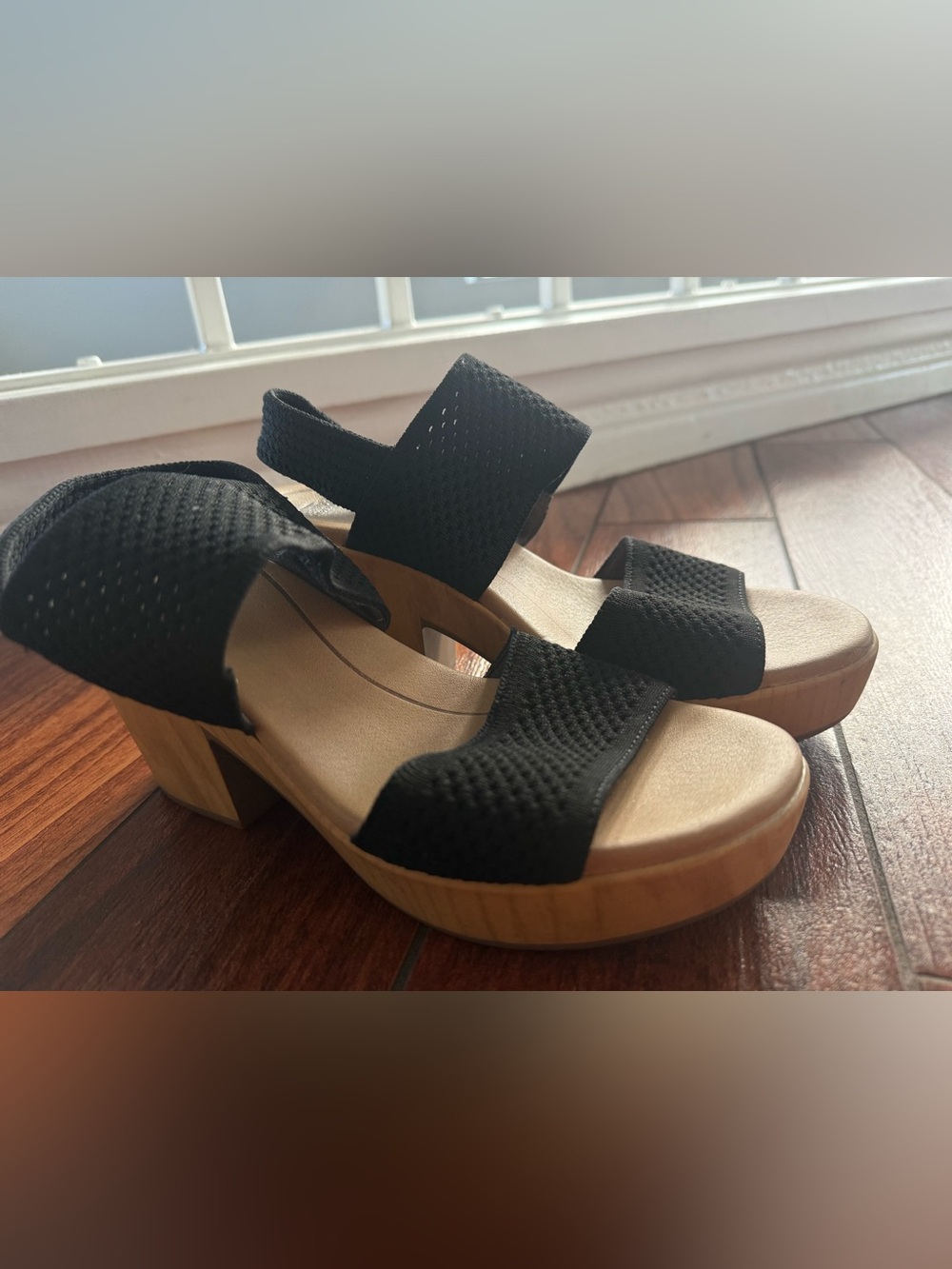 Dr scholls BECCA Black Knit Platform Sandals with Wood-Look Heel